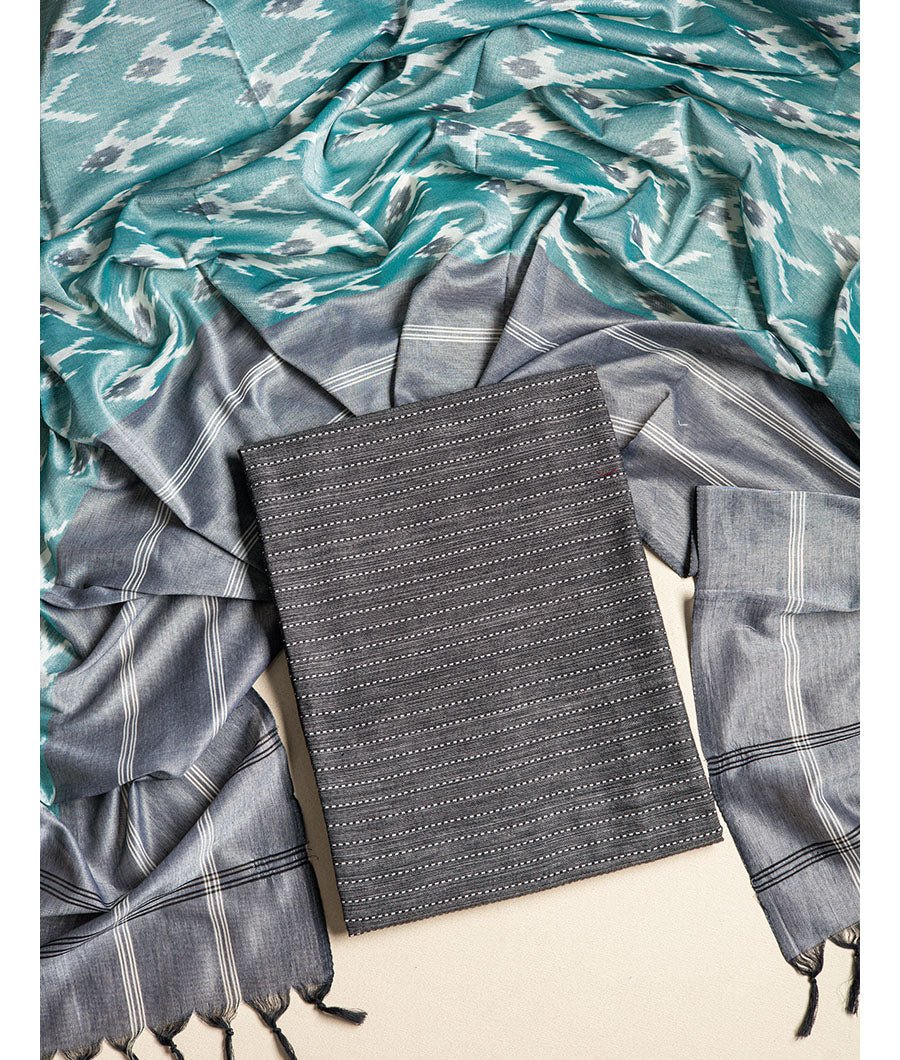 fabloe-9070-2.jpg Pure Cotton Woven top with mercidiced handloom ikat dupatta suit set - Image 1