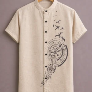 ForeverChoice™ Premium Compass Printed Shirt for Men – Minimal Travel Graphic Half Sleeve Casual Shirt