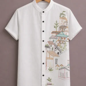 ForeverChoice™ Premium Minimal Printed White Shirt for Men – Artistic Village Design Half Sleeve Casual Shirt
