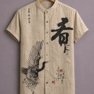 ForeverChoice™ Premium Japanese Art Printed Shirt for Men – Crane Graphic Designer Half Sleeve Casual Shirt