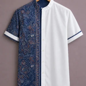 ForeverChoice™ Premium Half & Half Printed Shirt for Men – Elegant Dual Tone Designer Half Sleeve Casual Shirt