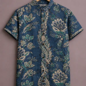 ForeverChoice™ Premium Floral Printed Shirt for Men – Elegant Blue Designer Half Sleeve Casual Shirt
