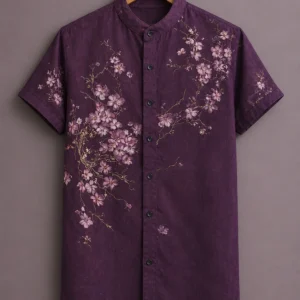ForeverChoice™ Premium Floral Vine Printed Shirt for Men – Elegant Purple Designer Half Sleeve Casual Shirt