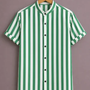 ForeverChoice™ Premium Vertical Stripe Shirt for Men – Green & White Designer Half Sleeve Casual Shirt