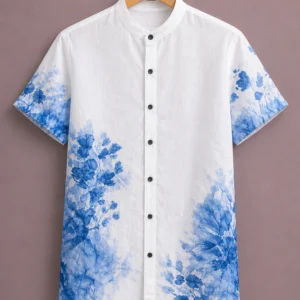ForeverChoice™ Premium Blue Floral Fade Shirt for Men – Elegant White Designer Half Sleeve Casual Shirt